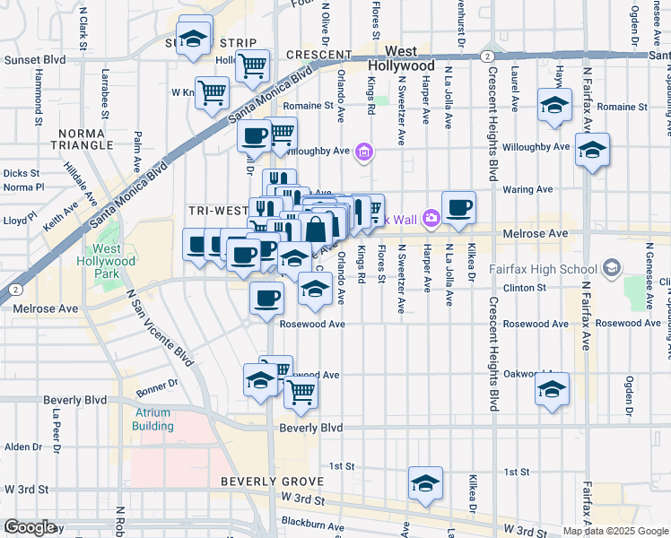 map of restaurants, bars, coffee shops, grocery stores, and more near 611 Orlando Avenue in West Hollywood
