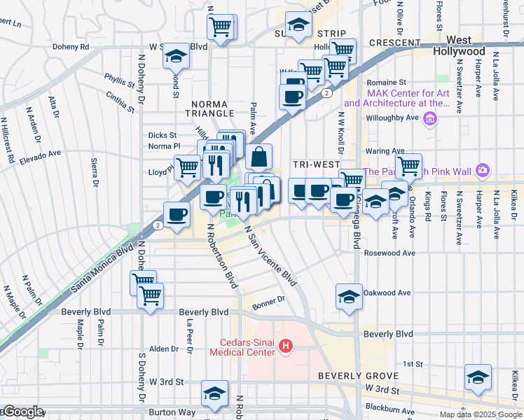 map of restaurants, bars, coffee shops, grocery stores, and more near 692 North San Vicente Boulevard in West Hollywood