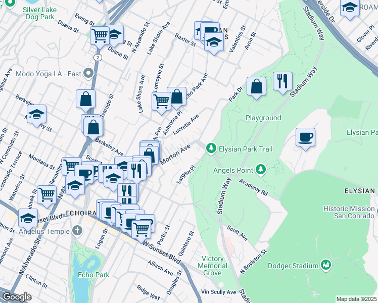 map of restaurants, bars, coffee shops, grocery stores, and more near 1742 Morton Avenue in Los Angeles