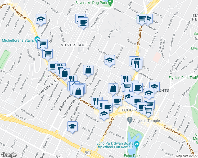 map of restaurants, bars, coffee shops, grocery stores, and more near 1355 Coronado Terrace in Los Angeles