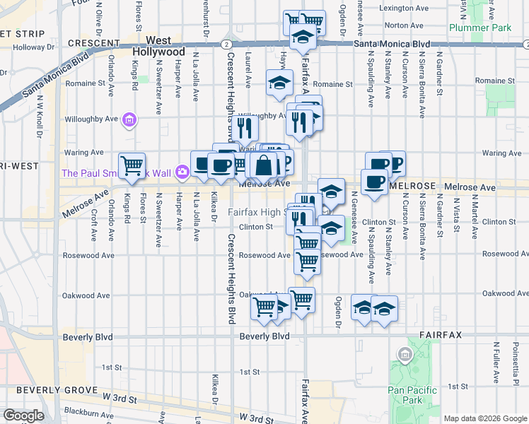 map of restaurants, bars, coffee shops, grocery stores, and more near 648 North Edinburgh Avenue in Los Angeles