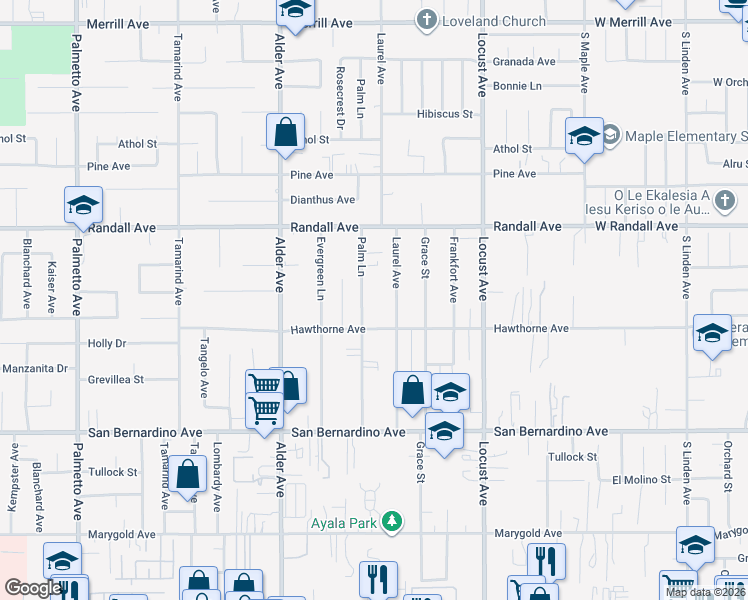 map of restaurants, bars, coffee shops, grocery stores, and more near 9439 Palm Lane in Fontana