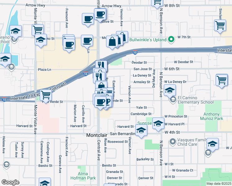 map of restaurants, bars, coffee shops, grocery stores, and more near 9423 Exeter Avenue in Montclair
