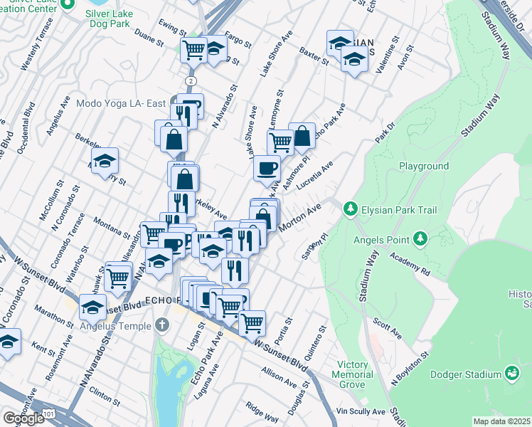 map of restaurants, bars, coffee shops, grocery stores, and more near 1631 Echo Park Avenue in Los Angeles