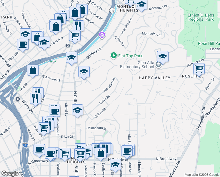 map of restaurants, bars, coffee shops, grocery stores, and more near 3144 Johnston Street in Los Angeles