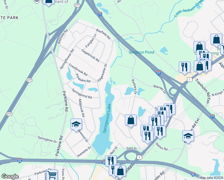 map of restaurants, bars, coffee shops, grocery stores, and more near 140 Springwoods Lake Point in Columbia