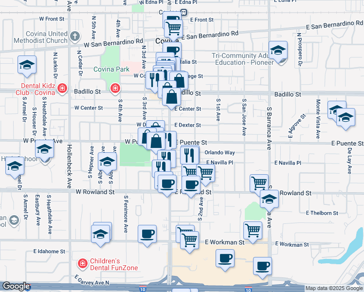 map of restaurants, bars, coffee shops, grocery stores, and more near 140 East Puente Street in Covina