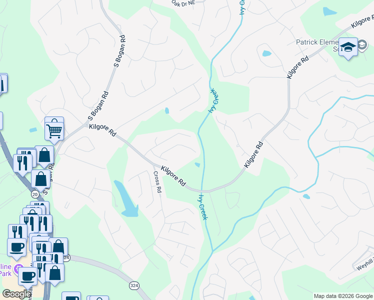 map of restaurants, bars, coffee shops, grocery stores, and more near 2353 Jasmine Glen Drive in Buford