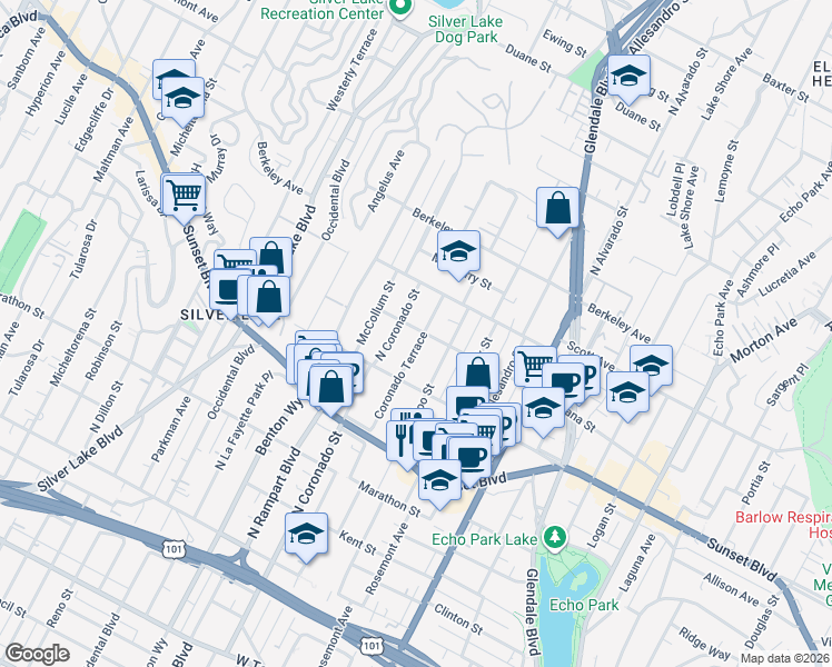 map of restaurants, bars, coffee shops, grocery stores, and more near 1355 Coronado Terrace in Los Angeles