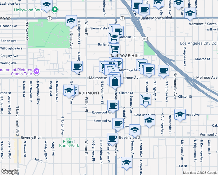 map of restaurants, bars, coffee shops, grocery stores, and more near 641 North Western Avenue in Los Angeles