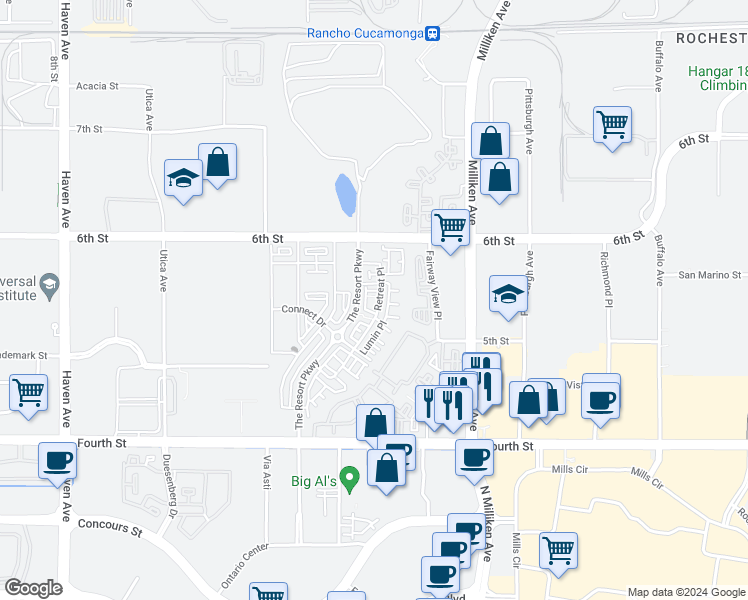 map of restaurants, bars, coffee shops, grocery stores, and more near 11040 Serene Drive in Rancho Cucamonga