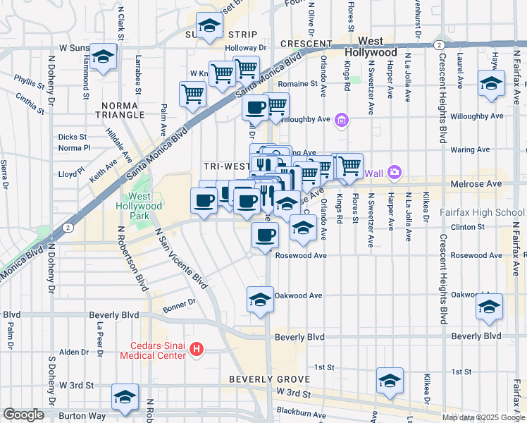 map of restaurants, bars, coffee shops, grocery stores, and more near 637 North La Cienega Boulevard in West Hollywood