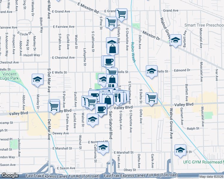 map of restaurants, bars, coffee shops, grocery stores, and more near 1428 South San Gabriel Boulevard in San Gabriel
