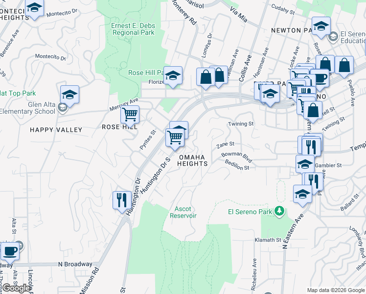 map of restaurants, bars, coffee shops, grocery stores, and more near 4539 Ferntop Drive in Los Angeles