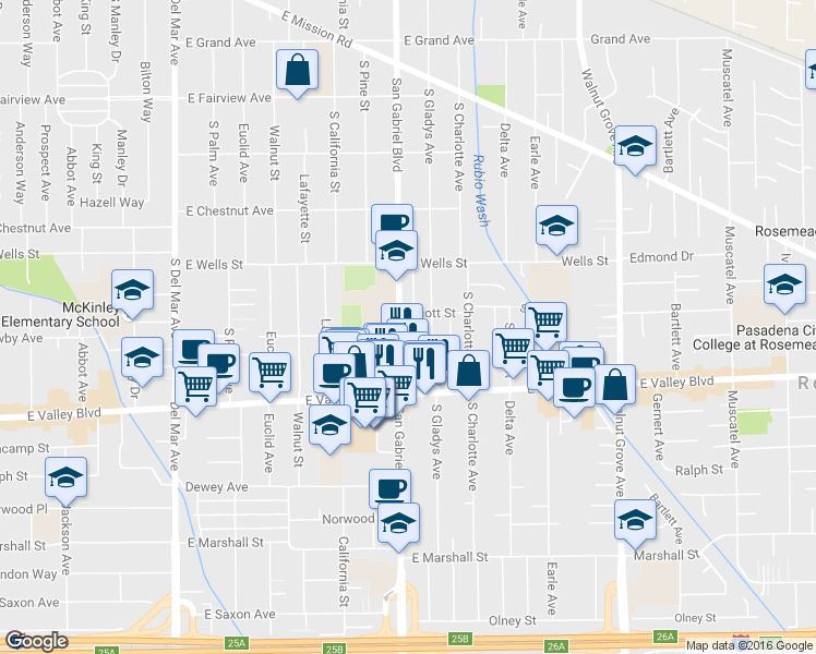 map of restaurants, bars, coffee shops, grocery stores, and more near 1428 South San Gabriel Boulevard in San Gabriel