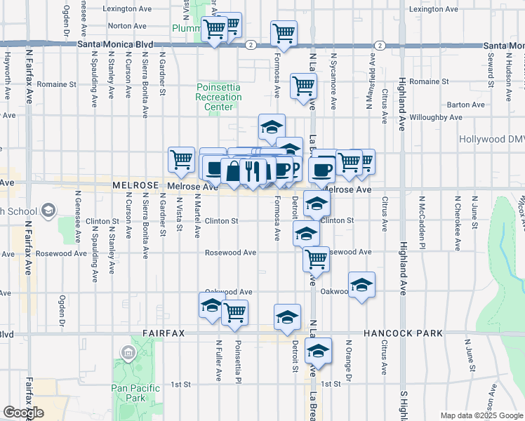 map of restaurants, bars, coffee shops, grocery stores, and more near 7220 Melrose Avenue in Los Angeles