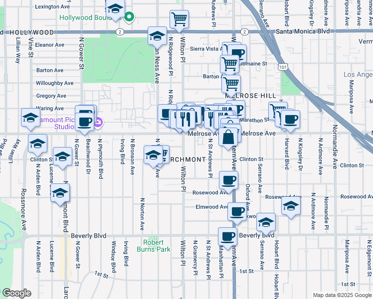 map of restaurants, bars, coffee shops, grocery stores, and more near 622 North Wilton Place in Los Angeles