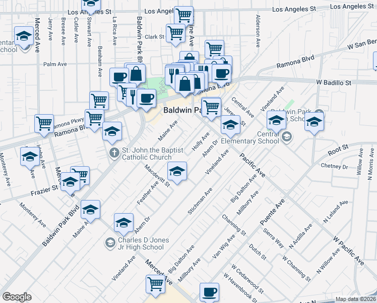 map of restaurants, bars, coffee shops, grocery stores, and more near 3707 Holly Avenue in Baldwin Park