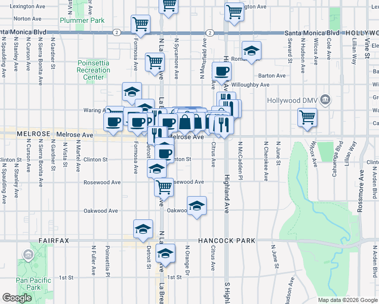 map of restaurants, bars, coffee shops, grocery stores, and more near in Los Angeles