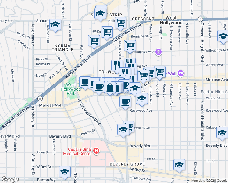 map of restaurants, bars, coffee shops, grocery stores, and more near 614 Westmount Drive in West Hollywood