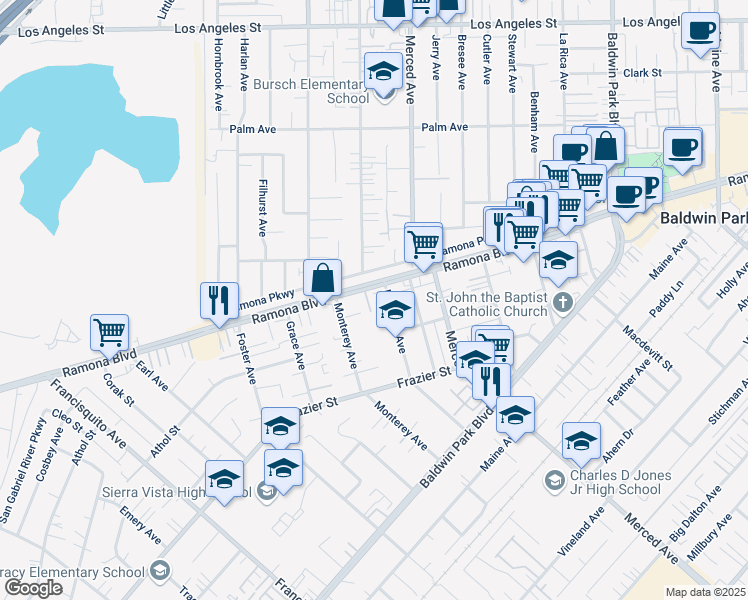 map of restaurants, bars, coffee shops, grocery stores, and more near 13682 Ramona Parkway in Baldwin Park