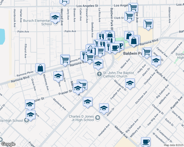 map of restaurants, bars, coffee shops, grocery stores, and more near 3875 Stewart Avenue in Baldwin Park