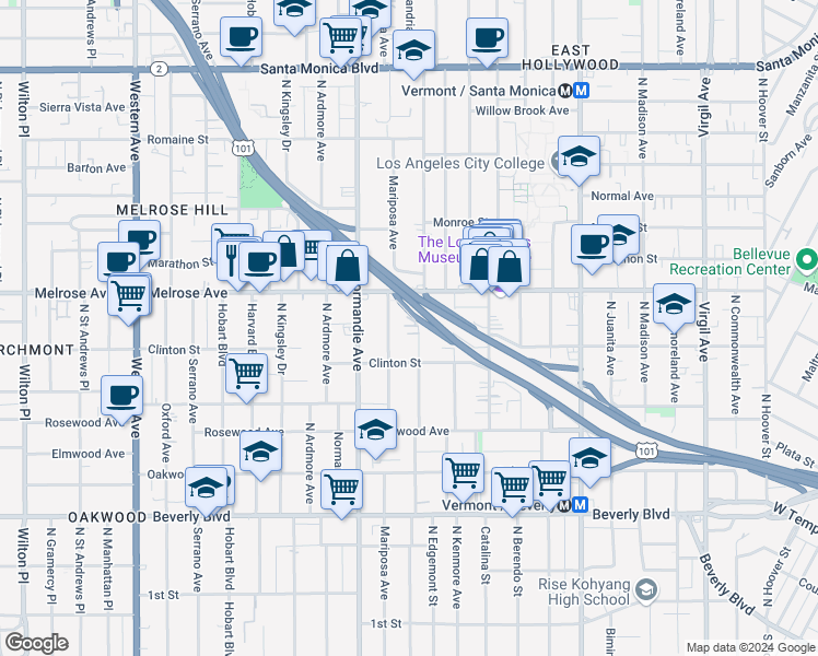 map of restaurants, bars, coffee shops, grocery stores, and more near 639 Alexandria Avenue in Los Angeles
