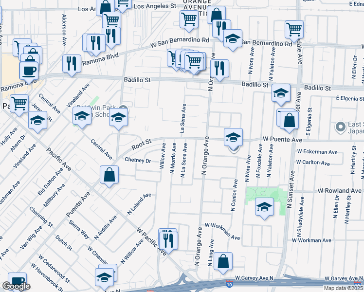 map of restaurants, bars, coffee shops, grocery stores, and more near 631 North La Sena Avenue in West Covina