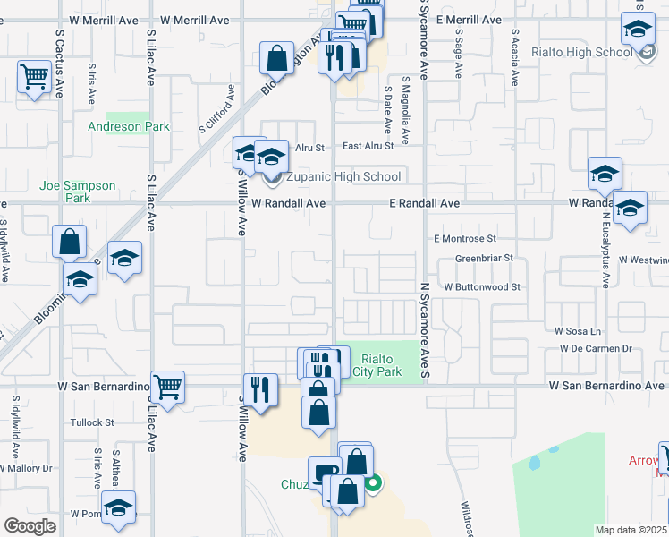 map of restaurants, bars, coffee shops, grocery stores, and more near 1012 South Riverside Avenue in Rialto