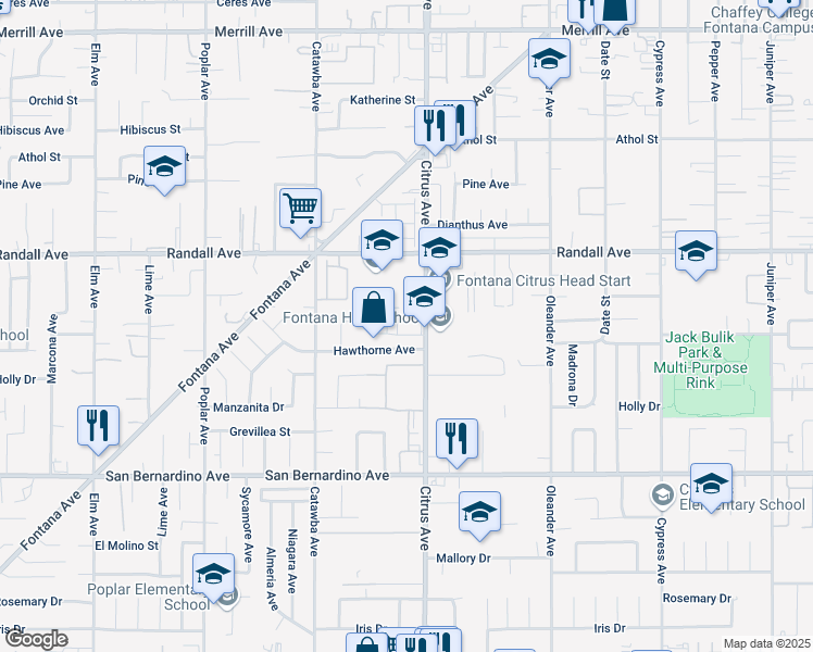 map of restaurants, bars, coffee shops, grocery stores, and more near 9410 Citrus Avenue in Fontana
