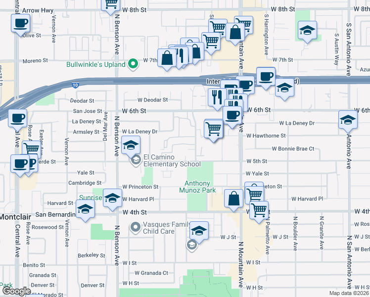 map of restaurants, bars, coffee shops, grocery stores, and more near 1323 North Elderberry Avenue in Ontario
