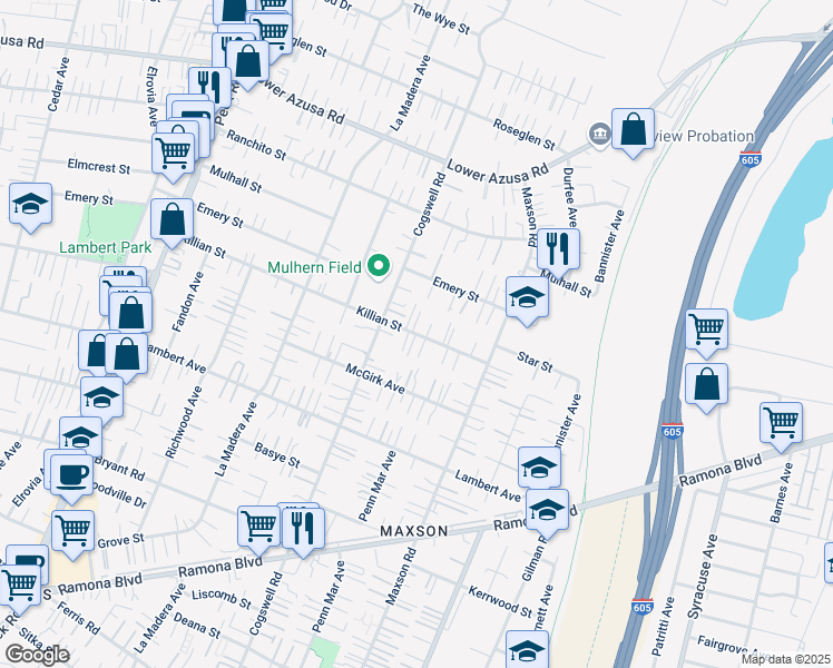 map of restaurants, bars, coffee shops, grocery stores, and more near 12031 Killian Street in El Monte