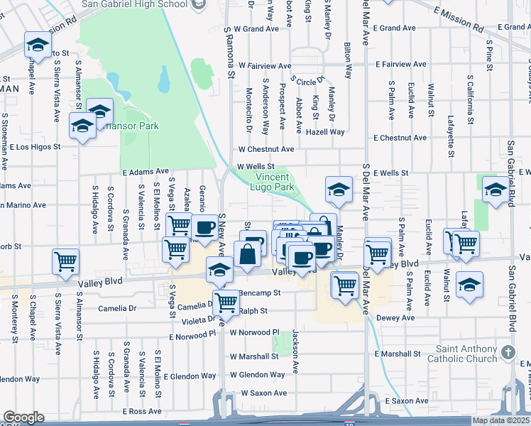 map of restaurants, bars, coffee shops, grocery stores, and more near 1315 Prospect Avenue in San Gabriel