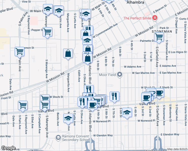 map of restaurants, bars, coffee shops, grocery stores, and more near 820 South Atlantic Boulevard in Alhambra
