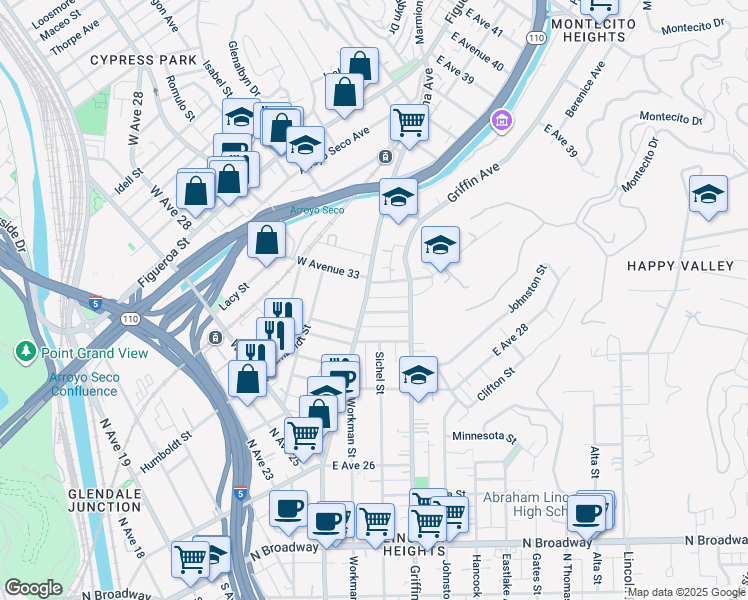 map of restaurants, bars, coffee shops, grocery stores, and more near 3300 Pasadena Avenue in Los Angeles