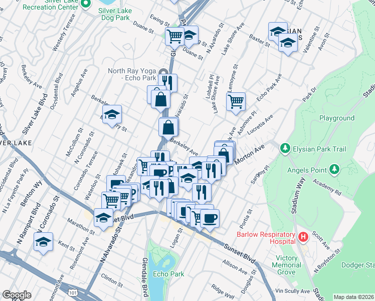map of restaurants, bars, coffee shops, grocery stores, and more near 1921 Berkeley Avenue in Los Angeles