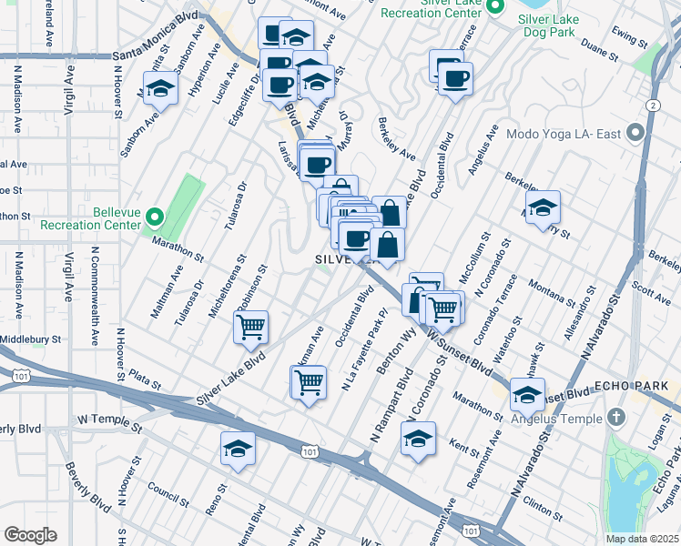 map of restaurants, bars, coffee shops, grocery stores, and more near in Los Angeles