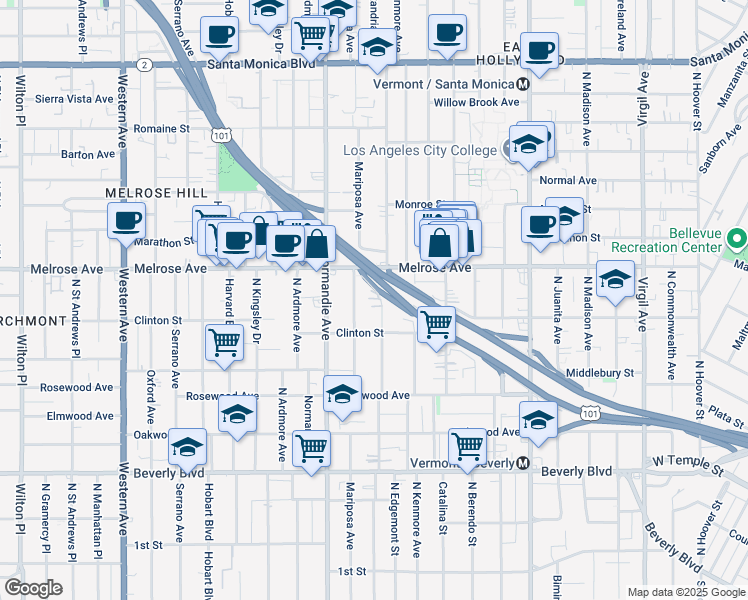 map of restaurants, bars, coffee shops, grocery stores, and more near 660 North Mariposa Avenue in Los Angeles