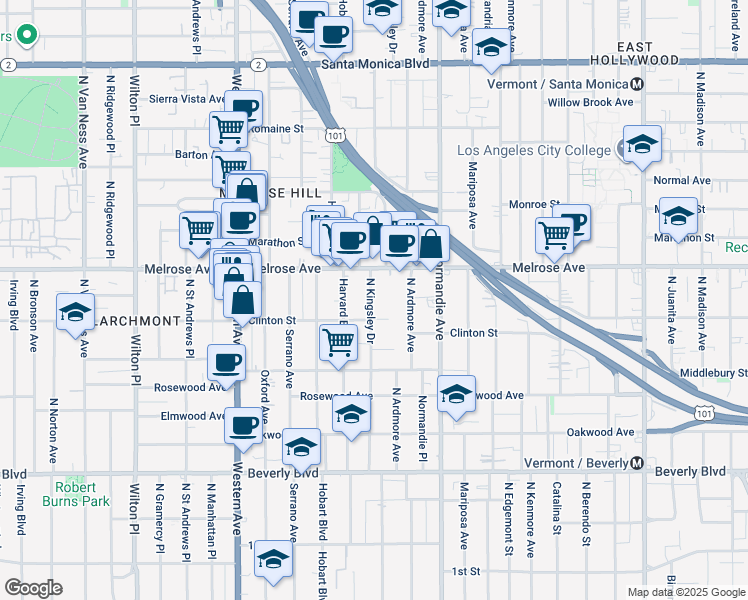 map of restaurants, bars, coffee shops, grocery stores, and more near in Los Angeles