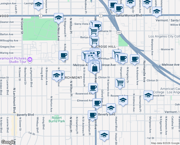 map of restaurants, bars, coffee shops, grocery stores, and more near 641 North Western Avenue in Los Angeles