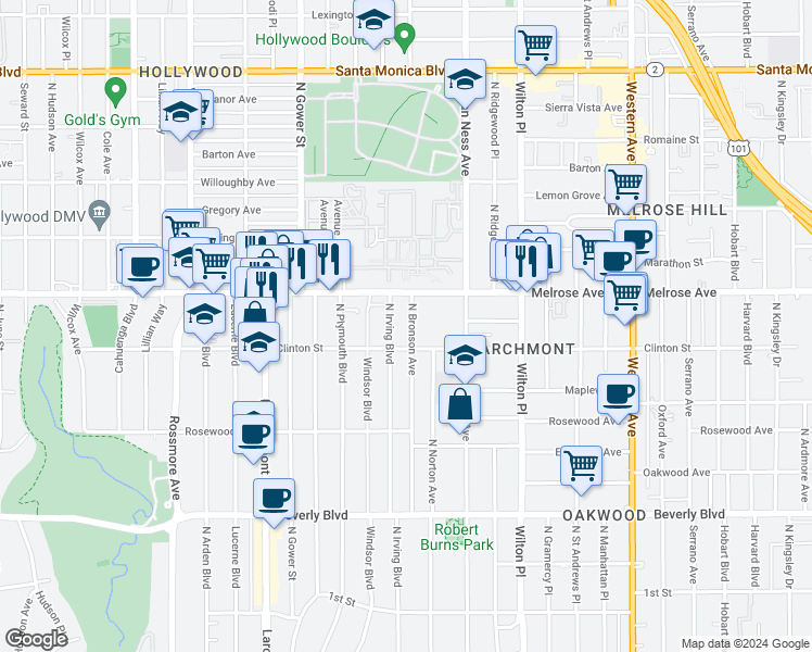 map of restaurants, bars, coffee shops, grocery stores, and more near 646 North Irving Boulevard in Los Angeles