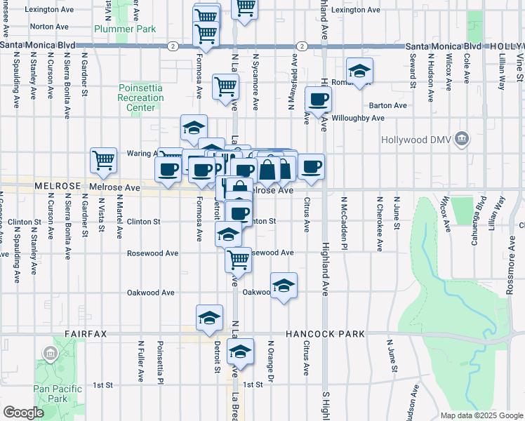 map of restaurants, bars, coffee shops, grocery stores, and more near 636 North Sycamore Avenue in Los Angeles
