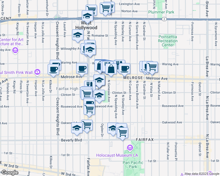 map of restaurants, bars, coffee shops, grocery stores, and more near 632 North Genesee Avenue in Los Angeles