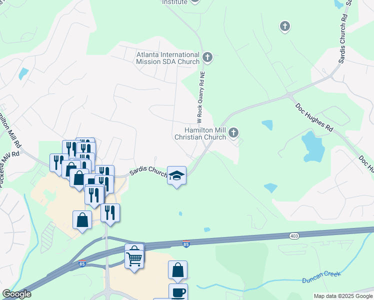 map of restaurants, bars, coffee shops, grocery stores, and more near 2649 Ogden Trail in Buford