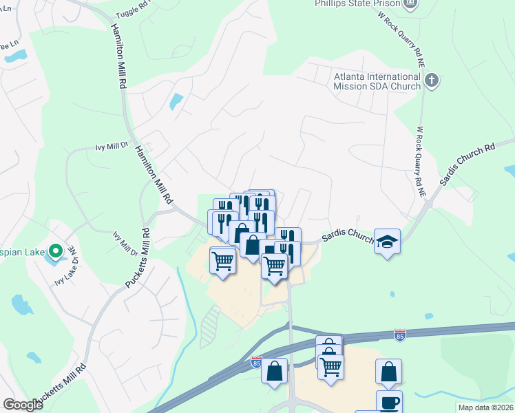 map of restaurants, bars, coffee shops, grocery stores, and more near 2508 Cascade Cove Drive in Buford