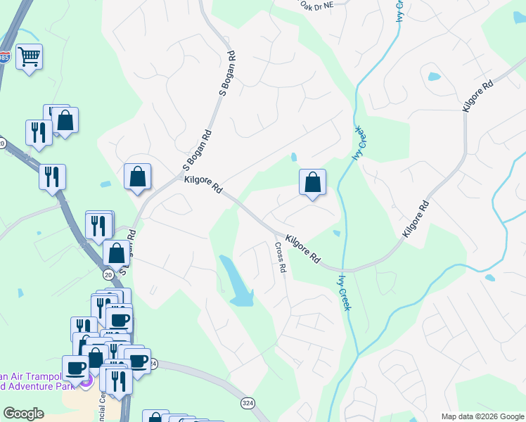 map of restaurants, bars, coffee shops, grocery stores, and more near 2180 Kilgore Road in Buford