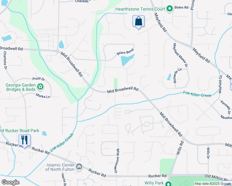map of restaurants, bars, coffee shops, grocery stores, and more near 1480 Mid Broadwell Road in Alpharetta