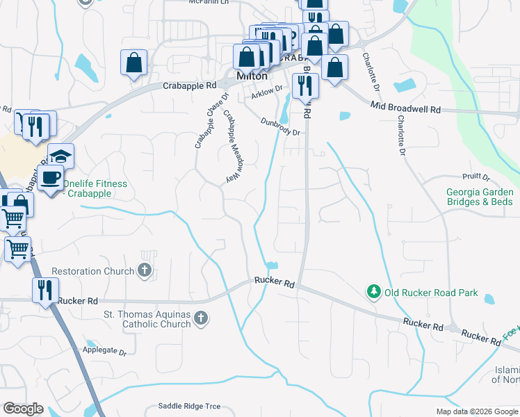 map of restaurants, bars, coffee shops, grocery stores, and more near 250 Crabapple Chase Court in Alpharetta