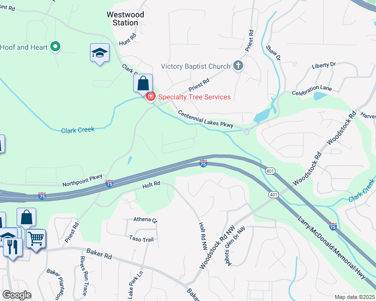 map of restaurants, bars, coffee shops, grocery stores, and more near 331 Franklin Lane in Acworth