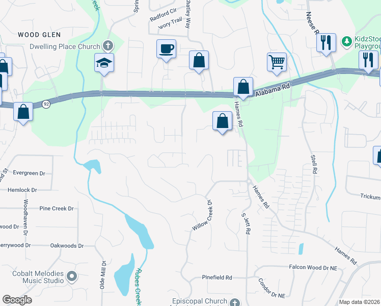 map of restaurants, bars, coffee shops, grocery stores, and more near 1802 Commonwealth Drive in Woodstock